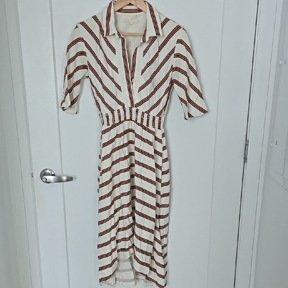 Maje Striped Midi Dress in Cream and Brown